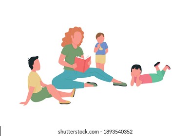 Woman Read To Children Flat Color Vector Faceless Characters. Daycare Activity. Babysitting Kids. Kindergarten Class Isolated Cartoon Illustration For Web Graphic Design And Animation