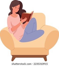 Woman read in cozy armchair. Hobby icon. Resting person isolated on white background