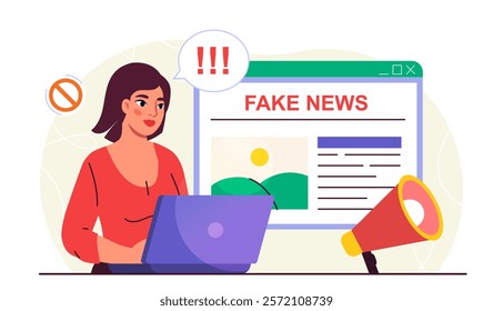 Woman read fake news. Young girl with laptop sits near newspaper with incorrect information. Disinformation and propaganda, lies. Bad mass media and journalists. Flat vector illustration