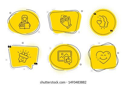 Woman read, Heart and Smile face signs. Chat bubbles. Clapping hands, Smile and Like photo line icons set. Clap, Gift box, Thumbs up. Girl studying. People set. Line clapping hands icon. Vector