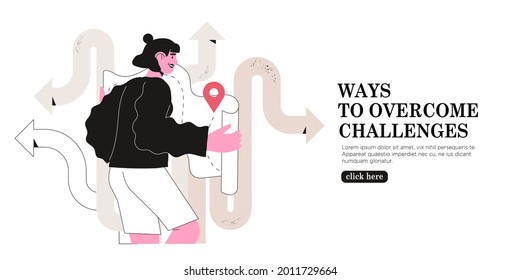 Woman read map and choose which way to go or direction to take. Concept of challenge, right decision making, life and career crossroads, effective business solution. Female character with gps pin.