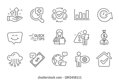 Woman read, Medical analyzes and Approved teamwork line icons set. Analysis graph, Smile chat and Education signs. Cloud storage, Report diagram and Manager symbols. Line icons set. Vector