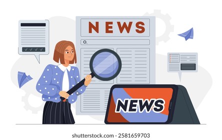 Woman read news. Young girl with magnifying glass near digital newspaper. Mass media and journalist. Information and knowledge. Person read articles on internet. Flat vector illustration