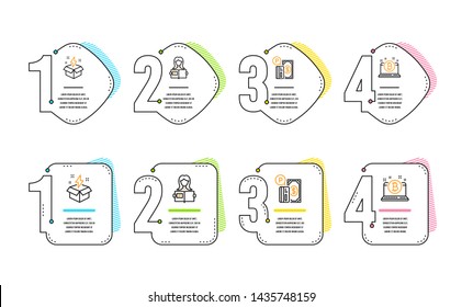Woman read, Parking payment and Creative idea icons simple set. Bitcoin sign. Girl studying, Paid garage, Lightning. Cryptocurrency laptop. Business set. Infographic timeline. Line woman read icon