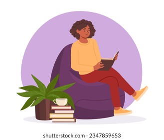 Las mujeres leen y se relajan. Jovencita con libro sentado en la silla. Confort y comodidad en el apartamento. Amor por la literatura y la lectura. Hobby y ocio útiles. Dibujo vectorial plano de dibujos animados