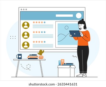 Woman read reviews online. Young girl with laptop read comments on internet. Ranking and rating, users feedback. Analyst conducts marketing research. Linear vector illustration