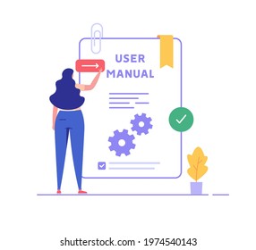 Woman read user manual book. Manager reading and writing guide instruction. Concept of customer guide, useful information, technical document. Vector illustration in flat design for UI, web banner