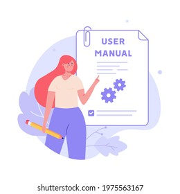 Woman Read User Manual Book. Manager Reading And Writing Guide Instruction. Concept Of Customer Guide, Useful Information, Technical Document. Vector Illustration In Flat Design For UI, Web Banner