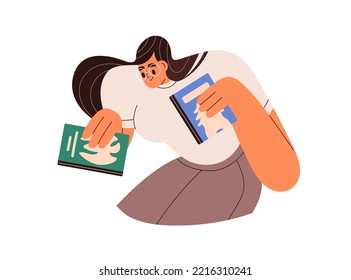 Woman reader taking paper books for reading, studying. Smart girl bookworm with literature. Young happy female student. Bookcrossing concept. Flat vector illustration isolated on white background