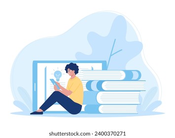 woman reading an article on a tablet trending concept flat illustration
