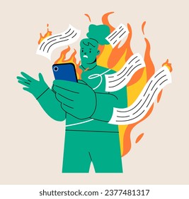 Woman reading bad news, negative information in internet. Doomscrolling concept. Colorful vector illustration
