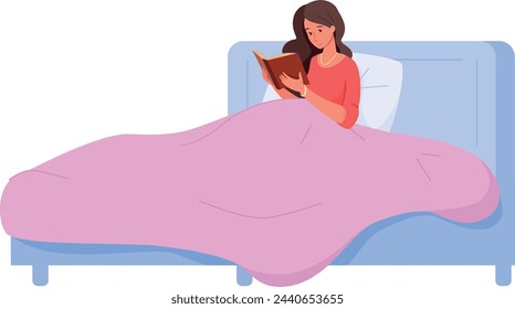 Woman reading in bed. Bedtime leisure color illustration isolated on white background