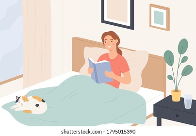 Woman reading in bed. Young girl reads book and relaxes on sofa. Lazy home rest, reading literature before sleeping, flat vector concept. Girl young in comfort bed with book and cat illustration