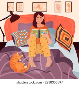 Woman reading before going to bed. A red tabby cat lies nearby. Cute character in pajamas, a lamp, pillows, a blanket, decor on the wall.Cozy home poster in flat cartoon style.Vector illustration.