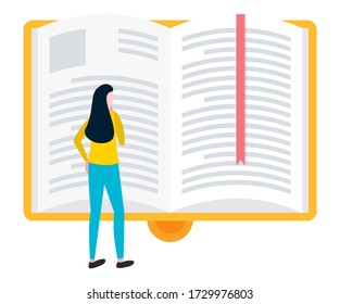 Woman reading big open book with bookmark, knowledge source and literature. Vector e-learning concept, e-book icon in yellow hard cover, female reader