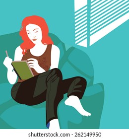 Woman reading book in armchair