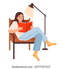 Woman reading a book in an armchair. Modern vector illustration of a female booklover enjoying her pastime. Woman with an open book.