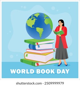 A woman is reading a book. Background of a pile of books and a globe. World Book Day concept. Flat vector illustration.