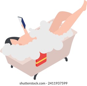 woman reading book in bathtub in the bathroom isometric Concept Vector Icon Design, Spare time engagements Symbol, Additional pursuits Sign, Personal pastimes Stock Illustration