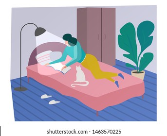 Woman is reading the book in bed, spending time at home with favorite white cat. Flat cartoon vector illustration.
