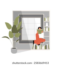 Woman Reading A Book By The Window In Flat Vector Illustration Symbolizing Relaxation, Knowledge, And Literary Enjoyment, Isolated On White Background