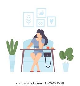 Woman is reading a book in a cafe. Vector illustration.