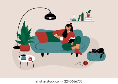 Woman reading book. Cartoon character sitting on sofa at home with literature and coffee cup. Flat vector illustration