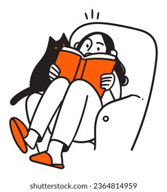a woman reading a book with a cat on her lap