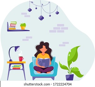 Woman reading a book in chair. Stay home concept. Modern interior. Vector illustration in flat style.