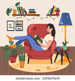 Woman reading a book in a chair, vector illustration