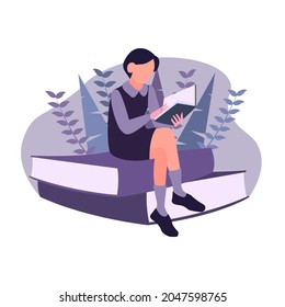 woman reading a book. character illustration with soft and beautiful color combination. trand flat design. floral background