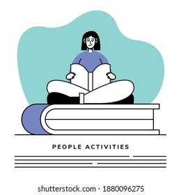 woman reading book character and lettering vector illustration design