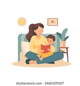 A woman is reading a book to a child, hand made not AI.