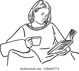 Woman reading book with coffee cup People leisure lifestyle Hand drawn line art Illustration