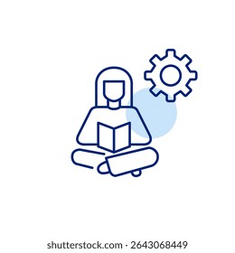 Woman reading book and cogwheel. Learning management, personalized education settings, study optimization, knowledge system configuration, user-driven training. Pixel perfect, editable stroke vector i