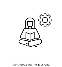 Woman reading book and cogwheel. Learning management, personalized education settings, study optimization, knowledge system configuration, user-driven training. Pixel perfect, editable stroke vector i