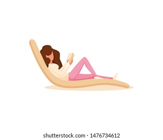 Woman reading a book at comfortable chair, female relax day, rest after work