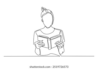 Woman reading a book continuous one line drawing. Teacher reading book in single line art illustration. Editable vector.  