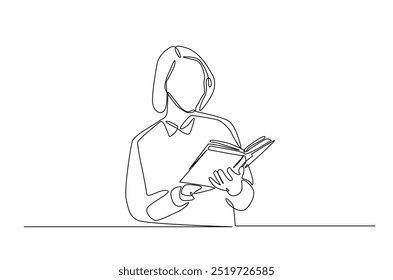 Mujer leyendo un libro de dibujo continuo de una línea. Libro de lectura del profesor en ilustración de arte de una sola línea. Vector editable.  