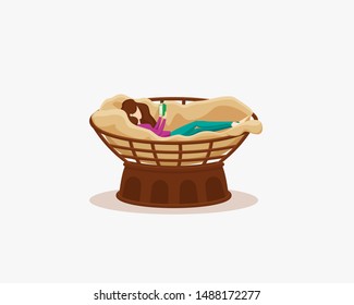 Woman reading a book at cozy chair. Young woman learning a lesson,  rest after work, home education, lying on the couch. Vector illustration. Cartoon character