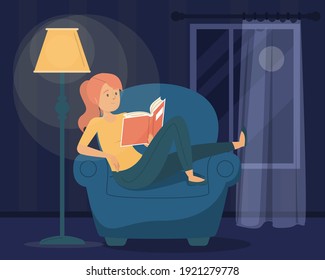 Woman reading book in the dark. Female character sitting in the armchair under the lamp and holding book. Night time, home leisure.