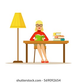 Woman Reading Book At The Desk With The Lamp, Smiling Person In The Library Vector Illustration