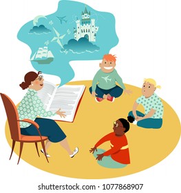 Woman reading a book to a diverse group of children, EPS 8 vector illustration