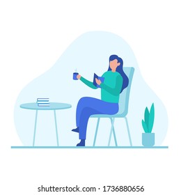 Woman reading book and drink coffee for home activity during pandemic effect vector flat illustration