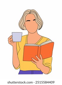 Mujer que lee el libro y bebe el café aislado