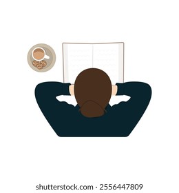 Woman reading a book and drink coffee. A female student is studying at home or in a cafe. Literature hobby, intellectual leisure activity. Vector illustration.