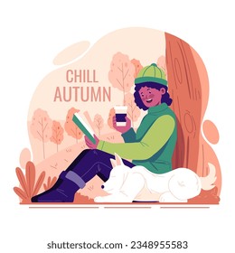 A woman reading book and drinking coffee in autumn