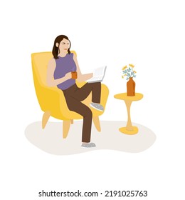 Woman reading book and drinking hot tea or coffee flat color vector faceless character on white background.Girl with hot drink on armchair. Recreation concept of cozy staying home and selfcare.