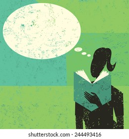 Woman reading a book A woman reading a book with an empty thought bubble above her head. The woman and background are on separate labeled layers. 