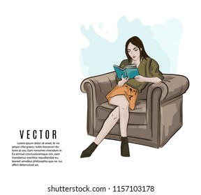 Woman reading book fashion sketch illustration. Girl spending weekend at home with book. Comfort cozy interior illustration. Saturday morning home relax. Sunday calm lifestyle vibes